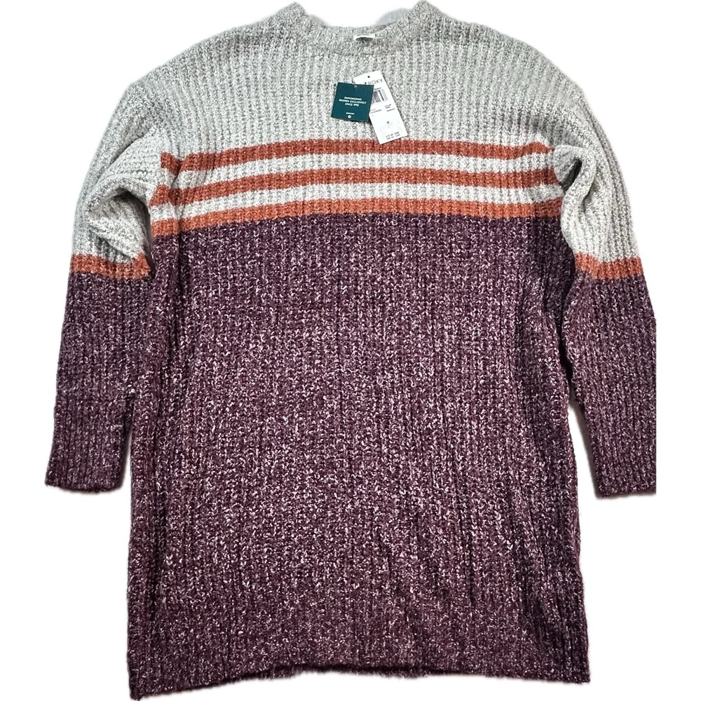 Roxy Milky Cloud Sweater Dress Womens M NWT $70 Gray Wine Striped Wool Blend
